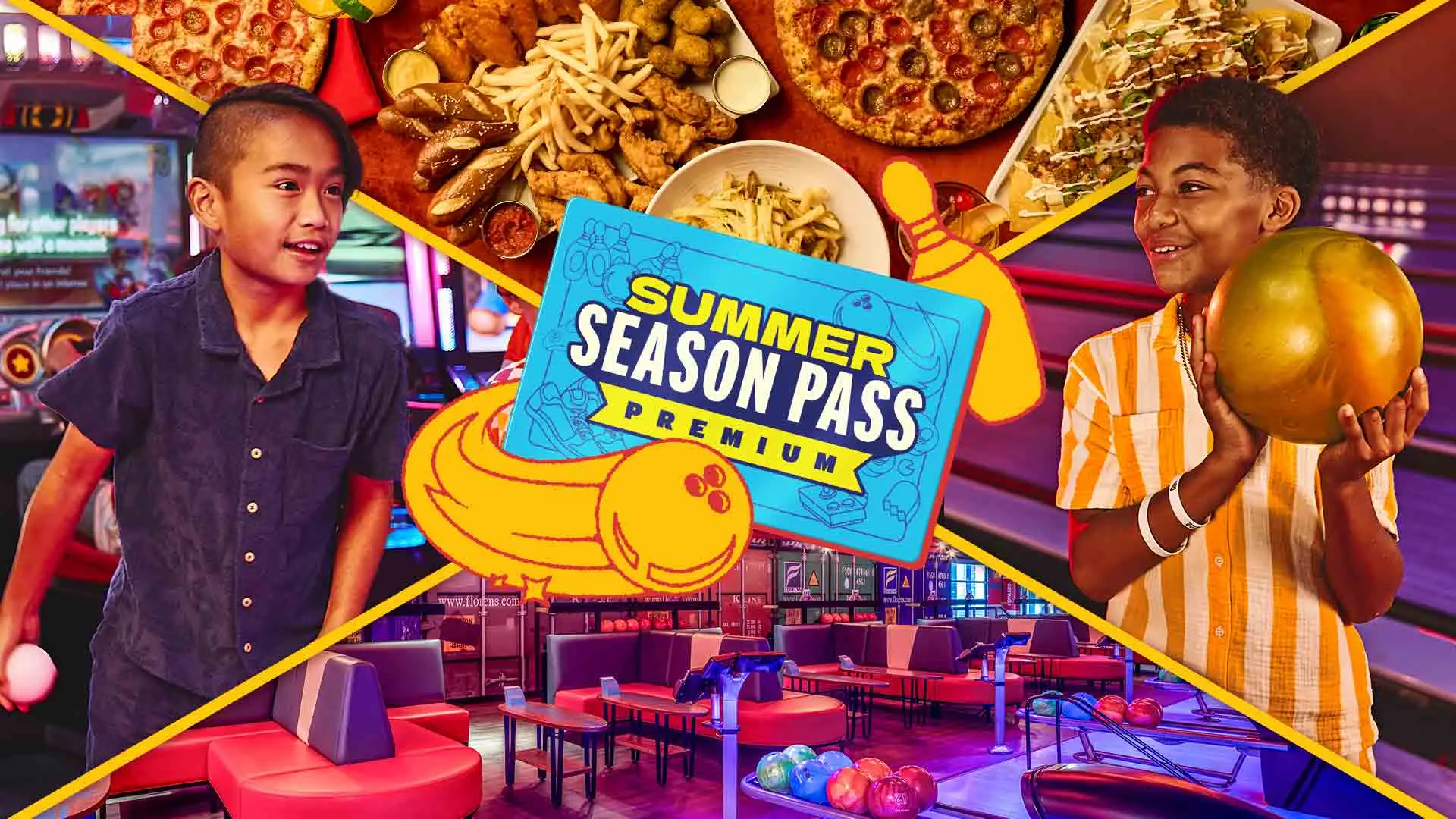 Colorful Summer Season Pass graphic featuring arcade games, bowling lanes, and a group of friends at a bowling center, with food like pizza and fries surrounding a central “Summer Season Pass Premium” card.