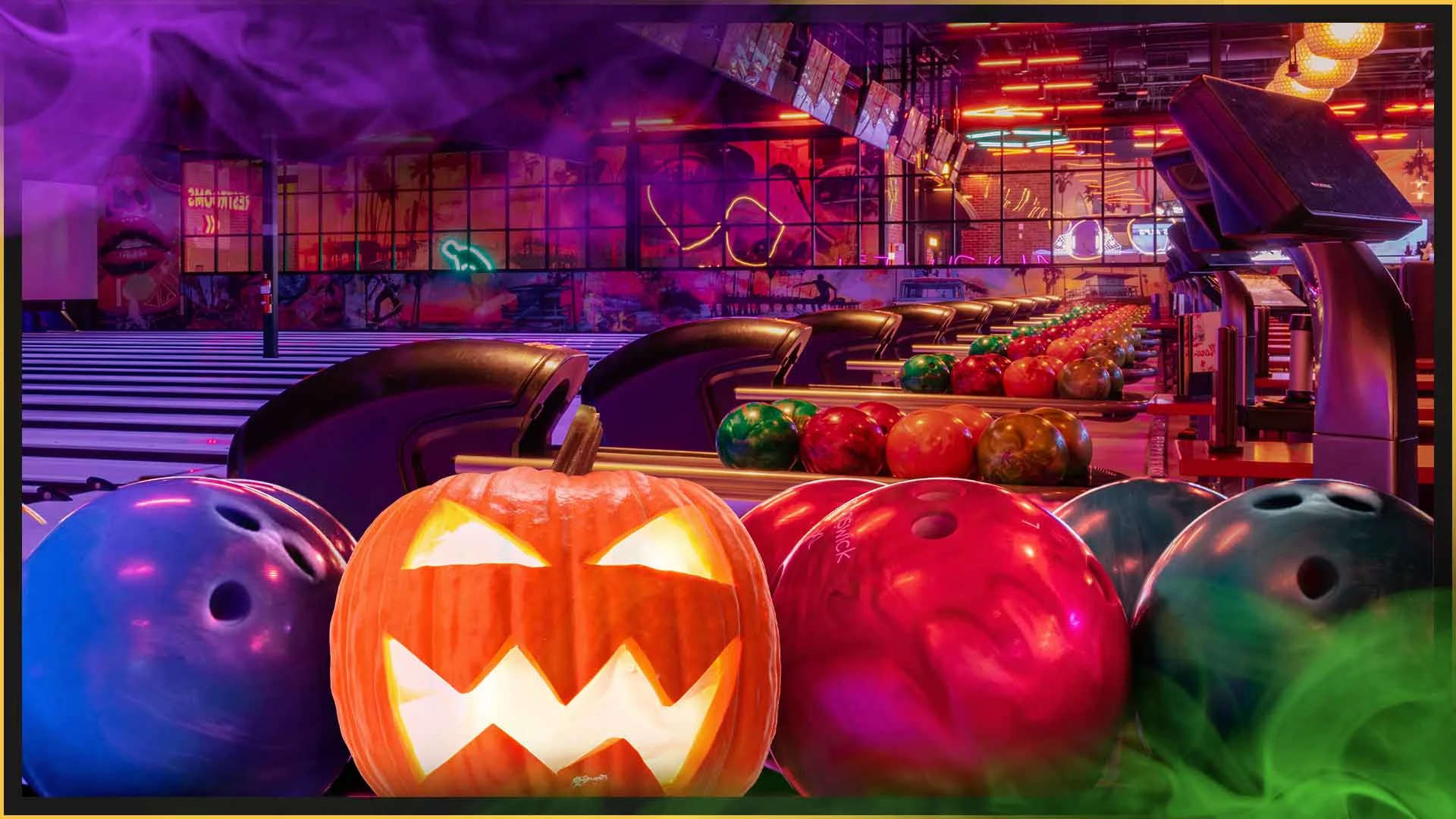 Halloween jack-o-lantern with bowling balls and Lucky Strike bowling lanes in the background.
