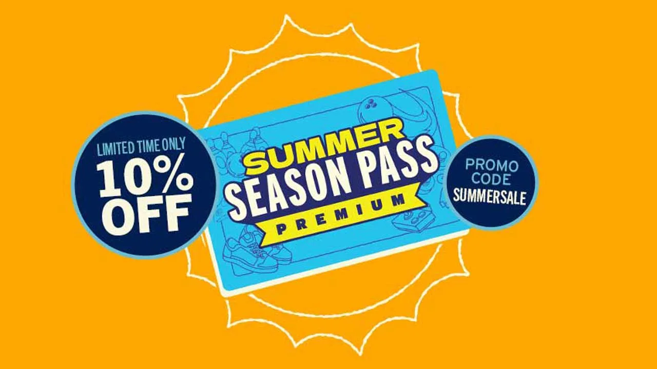 Bright Summer Season Pass Premium promotion featuring a colorful ticket graphic, 10% off offer, promo code SUMMERSALE, and vibrant yellow, blue, and pink seasonal design elements.