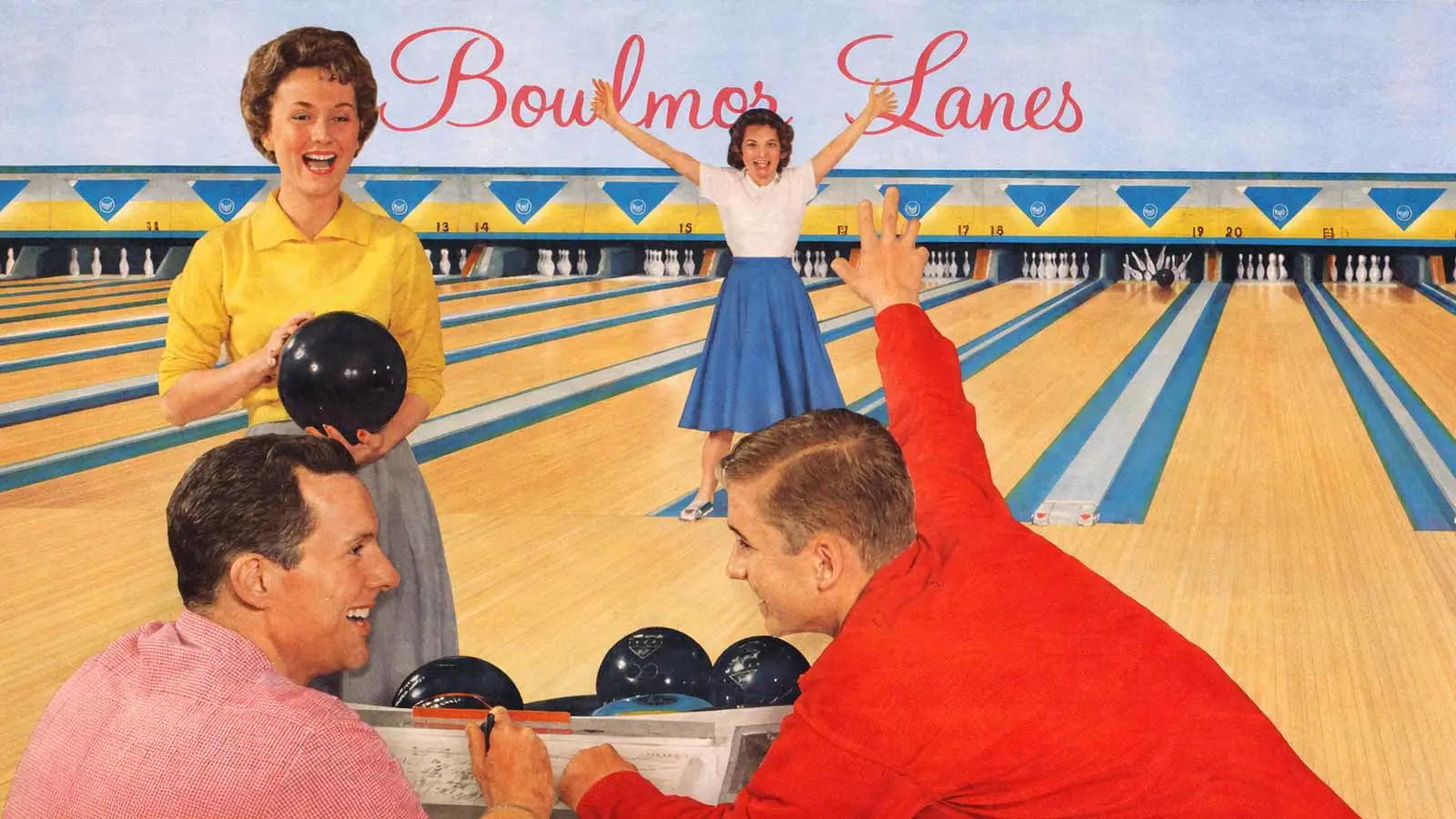 Retro bowling alley advertisement featuring smiling bowlers celebrating a strike.