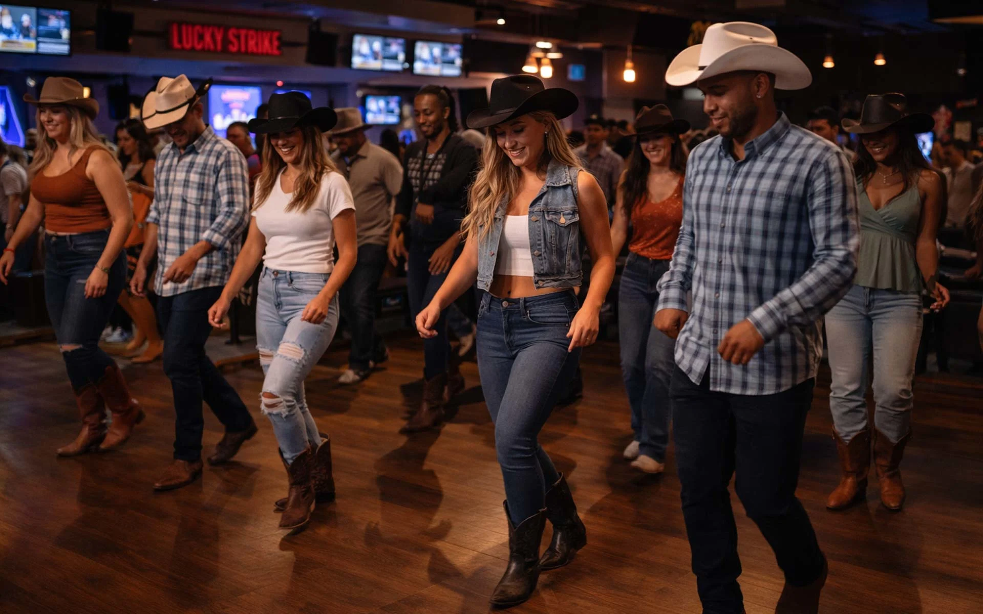 Group of guests line dancing together inside a Lucky Strike venue, wearing cowboy hats and boots on a wooden dance floor with bowling lanes and TVs in the background.