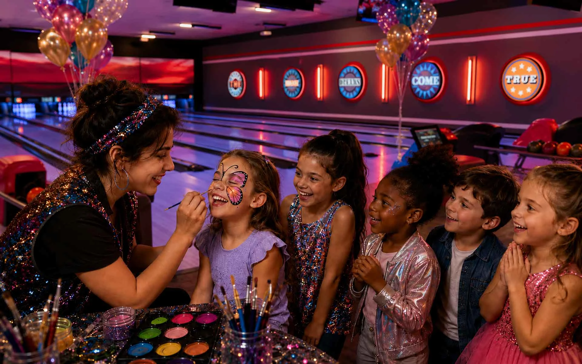 Kids enjoying a vibrant birthday party inside a modern bowling alley with face painting, dancing, neon-lit bowling lanes, balloons, confetti, and colorful party lighting.