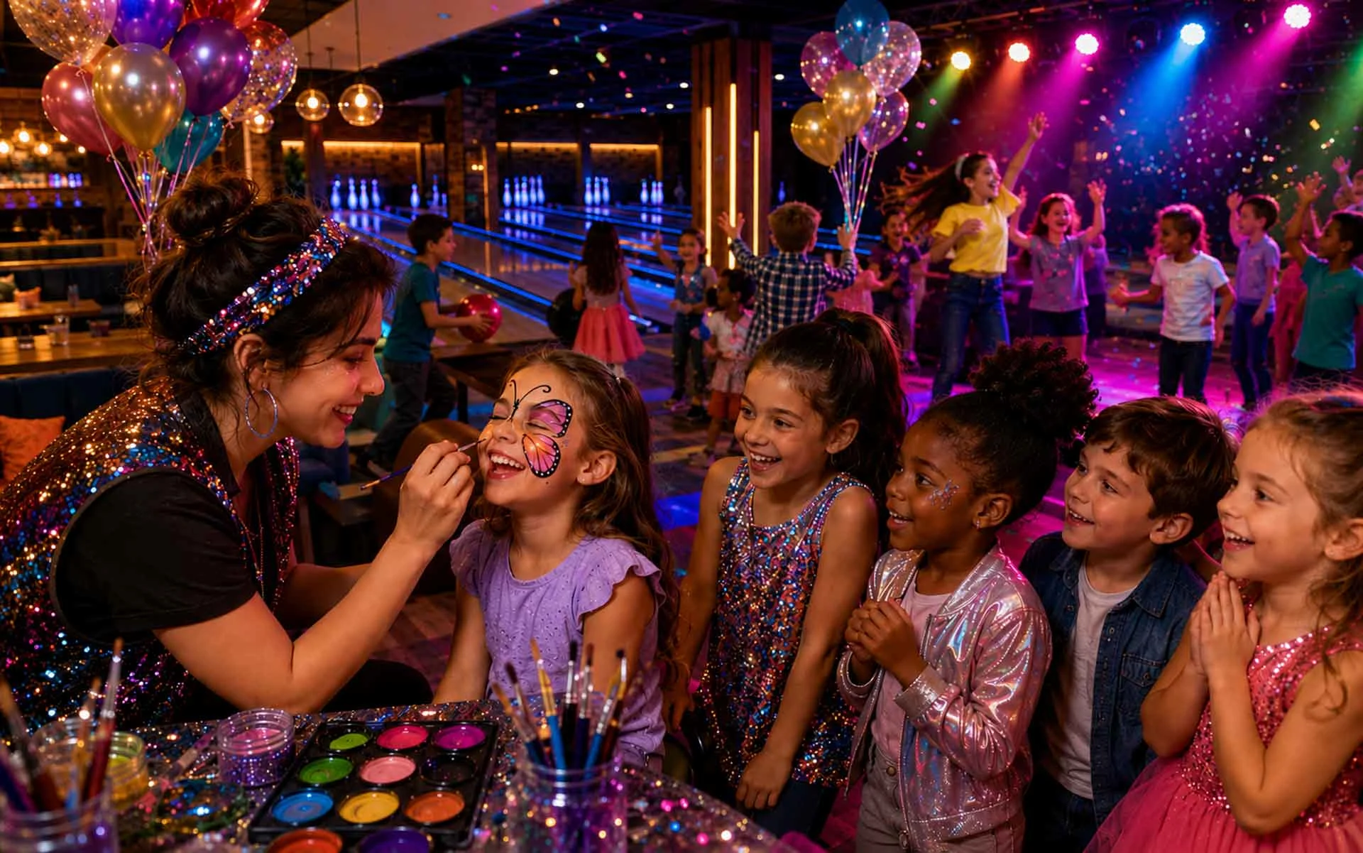 Kids enjoying a vibrant birthday party inside a modern bowling alley with face painting, dancing, neon-lit bowling lanes, balloons, confetti, and colorful party lighting.
