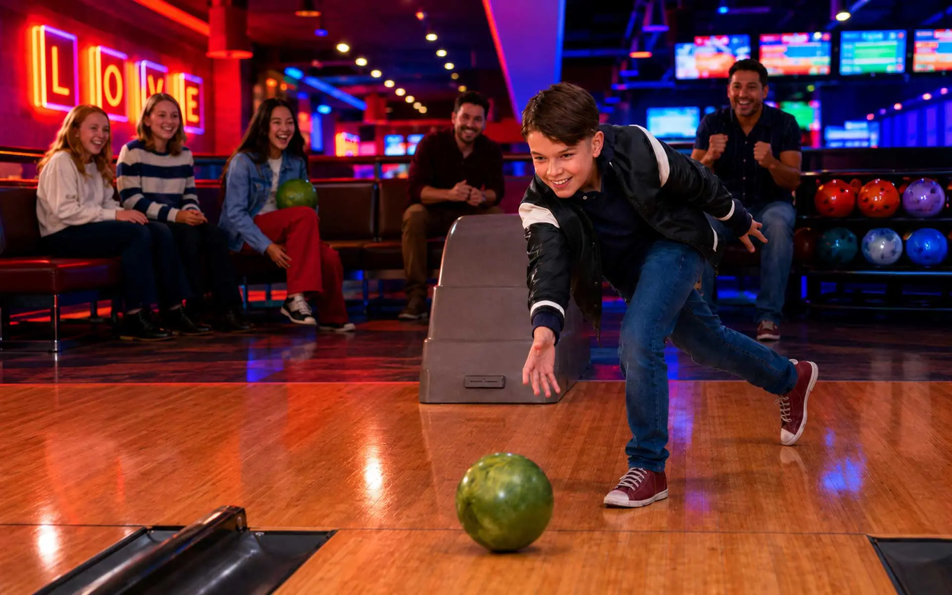 Young boy bowling while friends and family cheer him on at a bowling alley, with a green bowling ball rolling down the lane in the foreground.