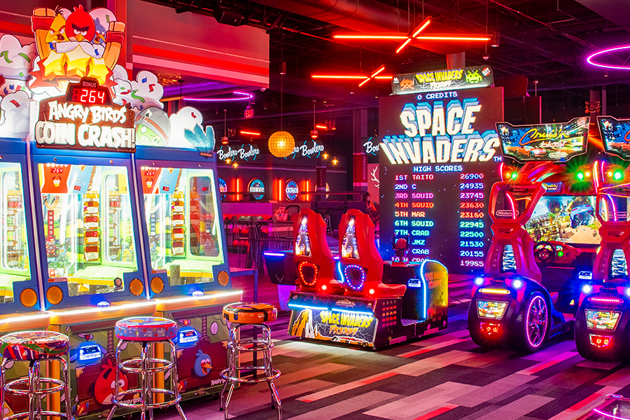 Large, colorful arcade with lots of big games