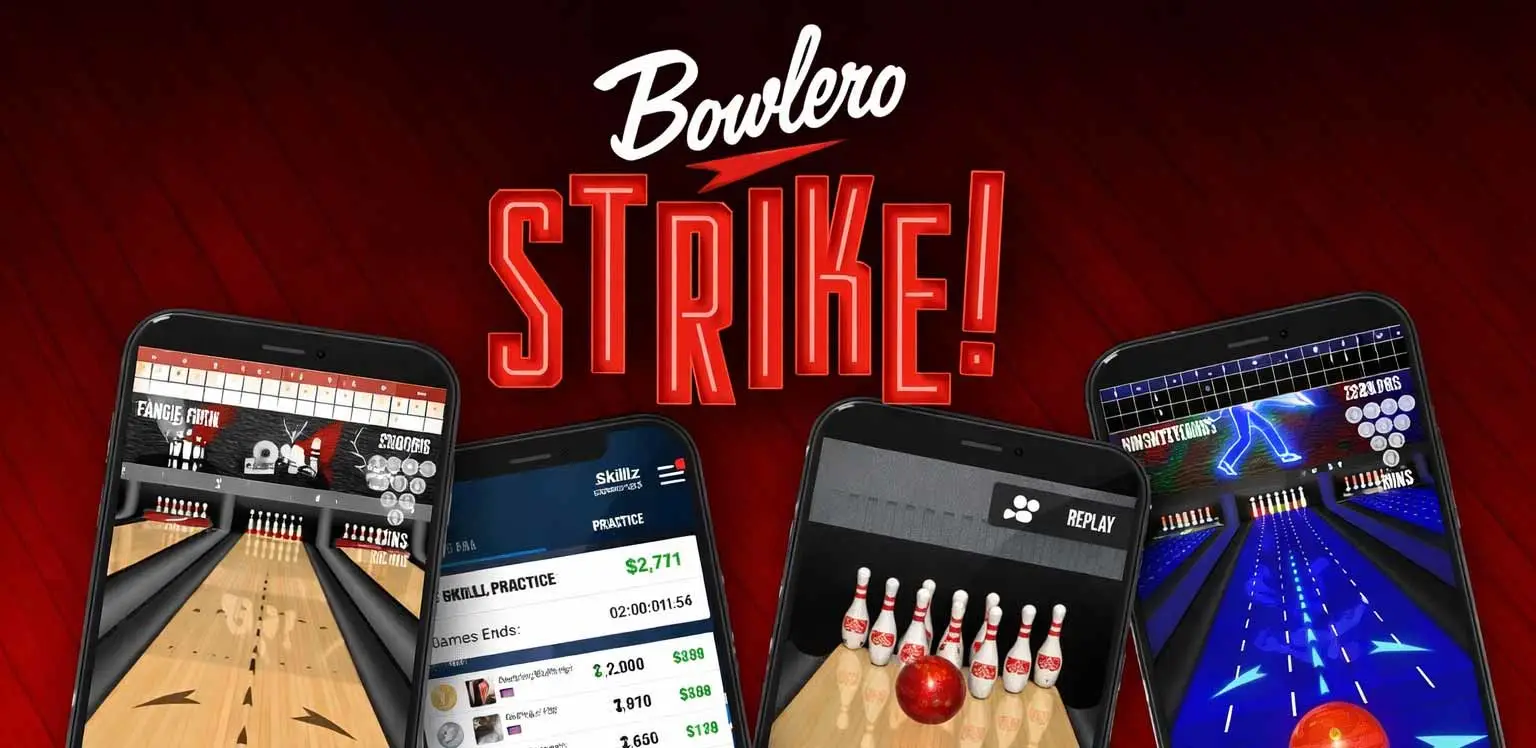 Phones showing Bowlero Strike game screenshots