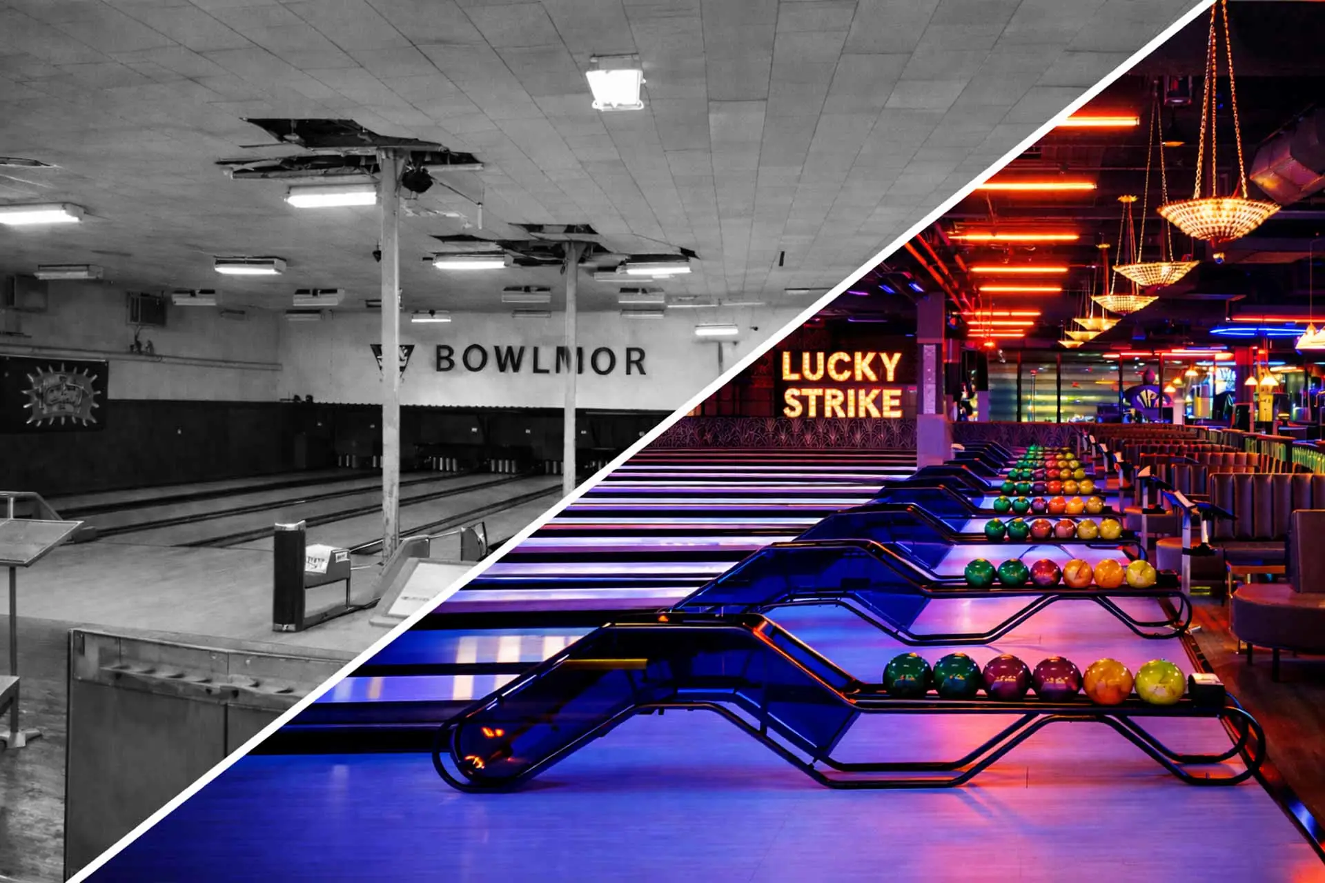 Side-by-side image showing a black-and-white vintage Bowlmor bowling alley with the “BOWLMOR” sign on the left and a brightly lit, modern Lucky Strike bowling alley with neon lights on the right.