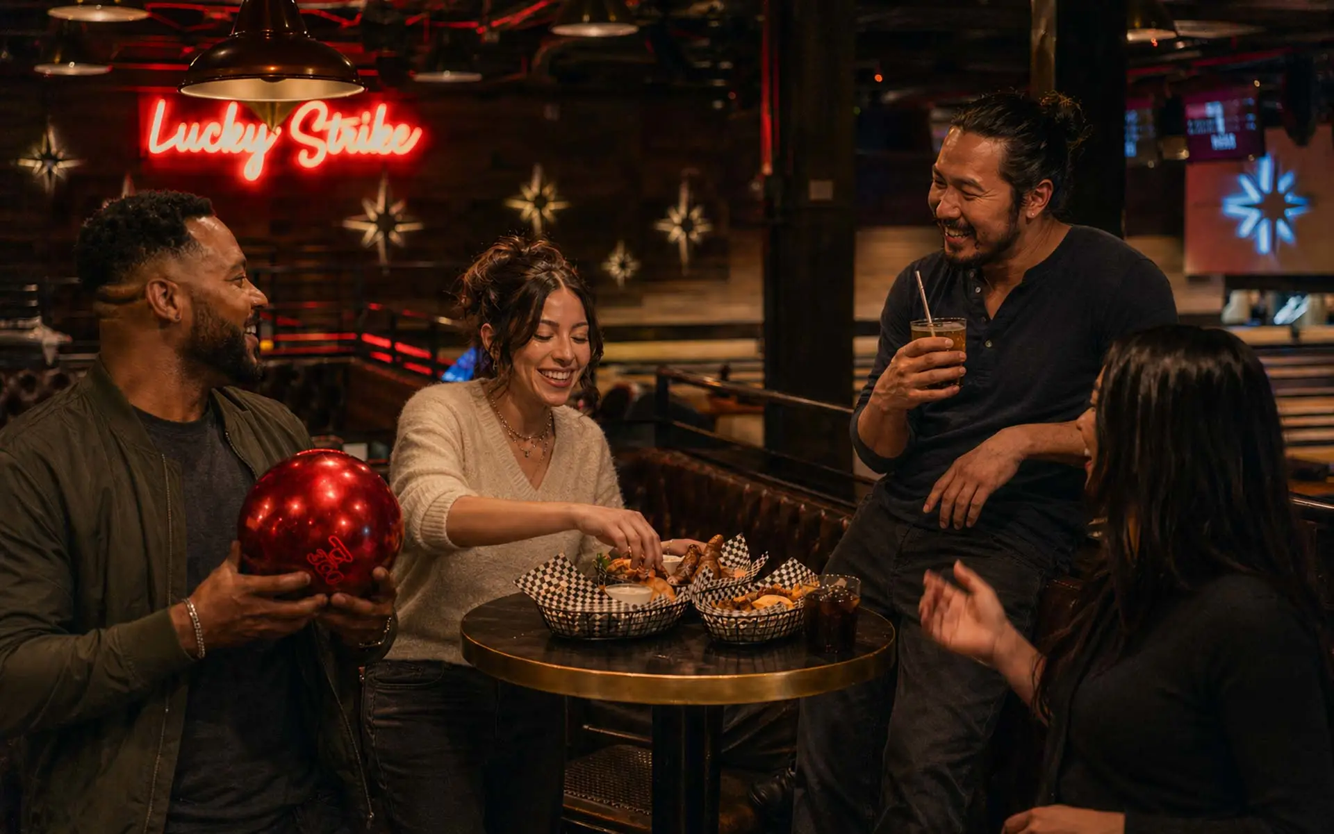 Candid moment of four friends enjoying food, drinks, and bowling in a stylish lounge with neon lighting and a cozy nightlife atmosphere.