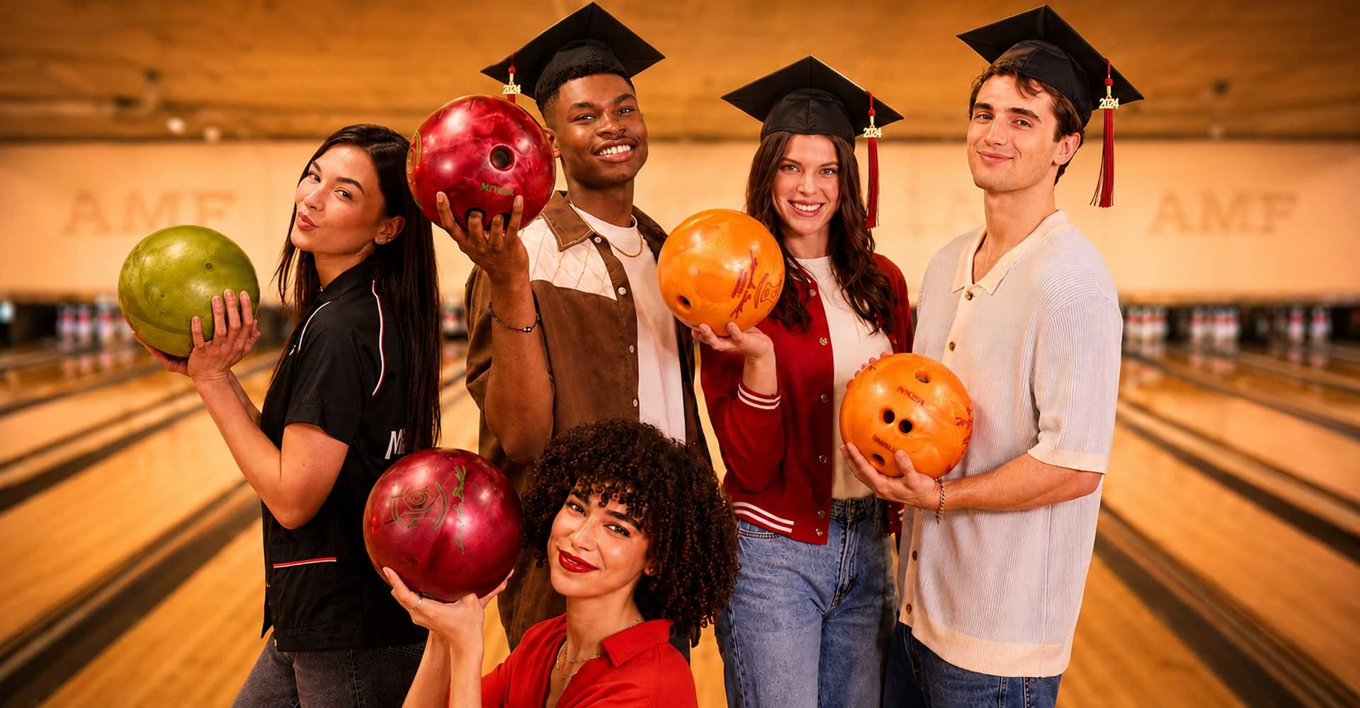 Group of recent college graduates posing with colorful bowling balls inside an AMF bowling alley in a warm, celebratory atmosphere.