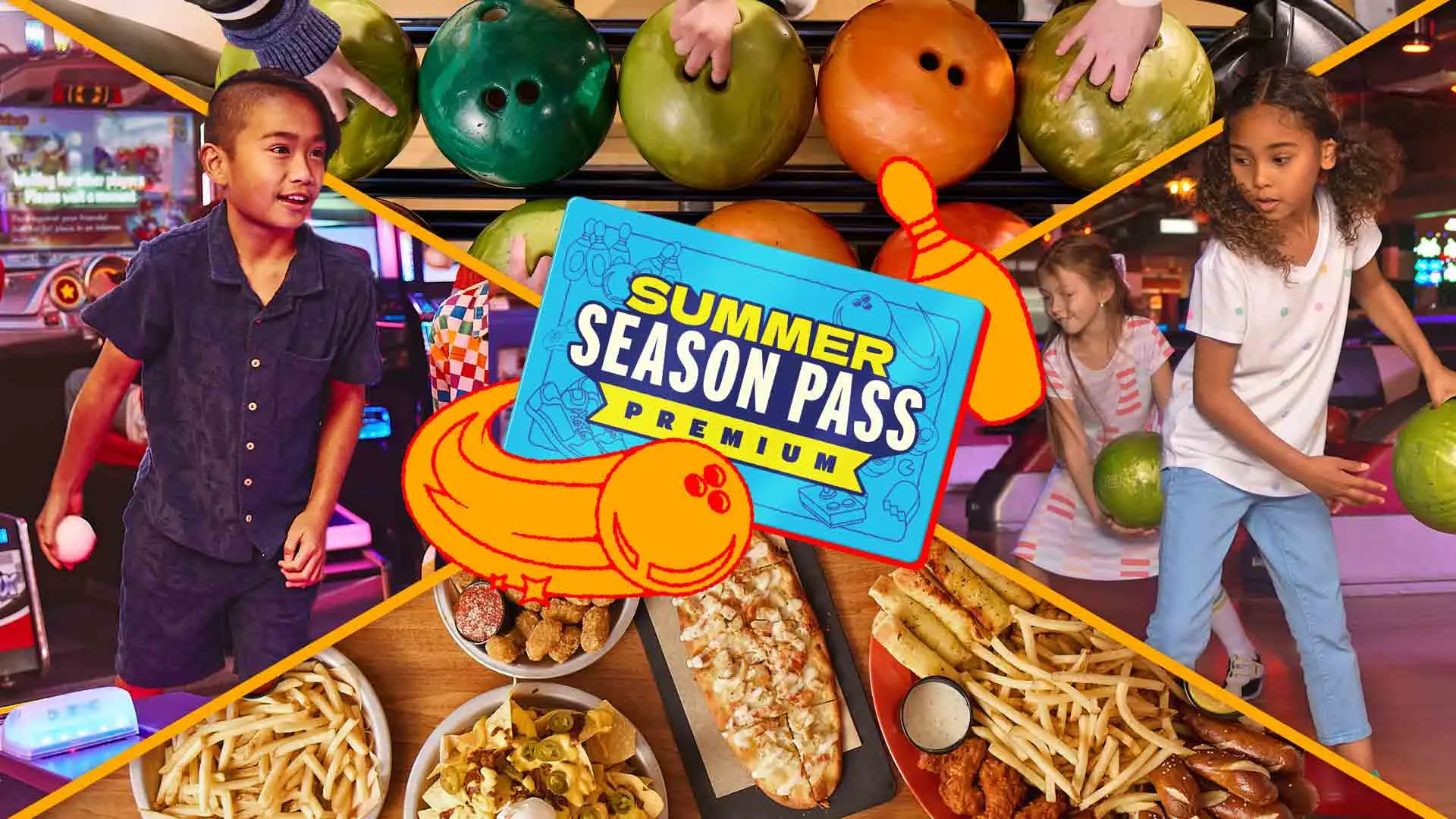 Summer Season Pass graphic featuring a kid at an arcade machine, bowling balls on a rack, a girl bowling with family in the background, and a spread of fries and snacks around a central season pass card.