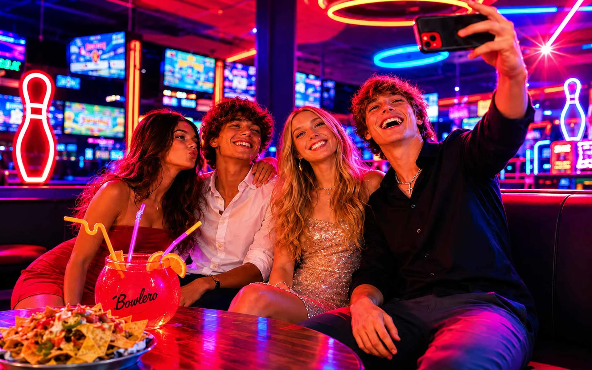Young teen friends take a selfie with nachos and drinks in a neon-lit Bowlero arcade and bowling lounge.