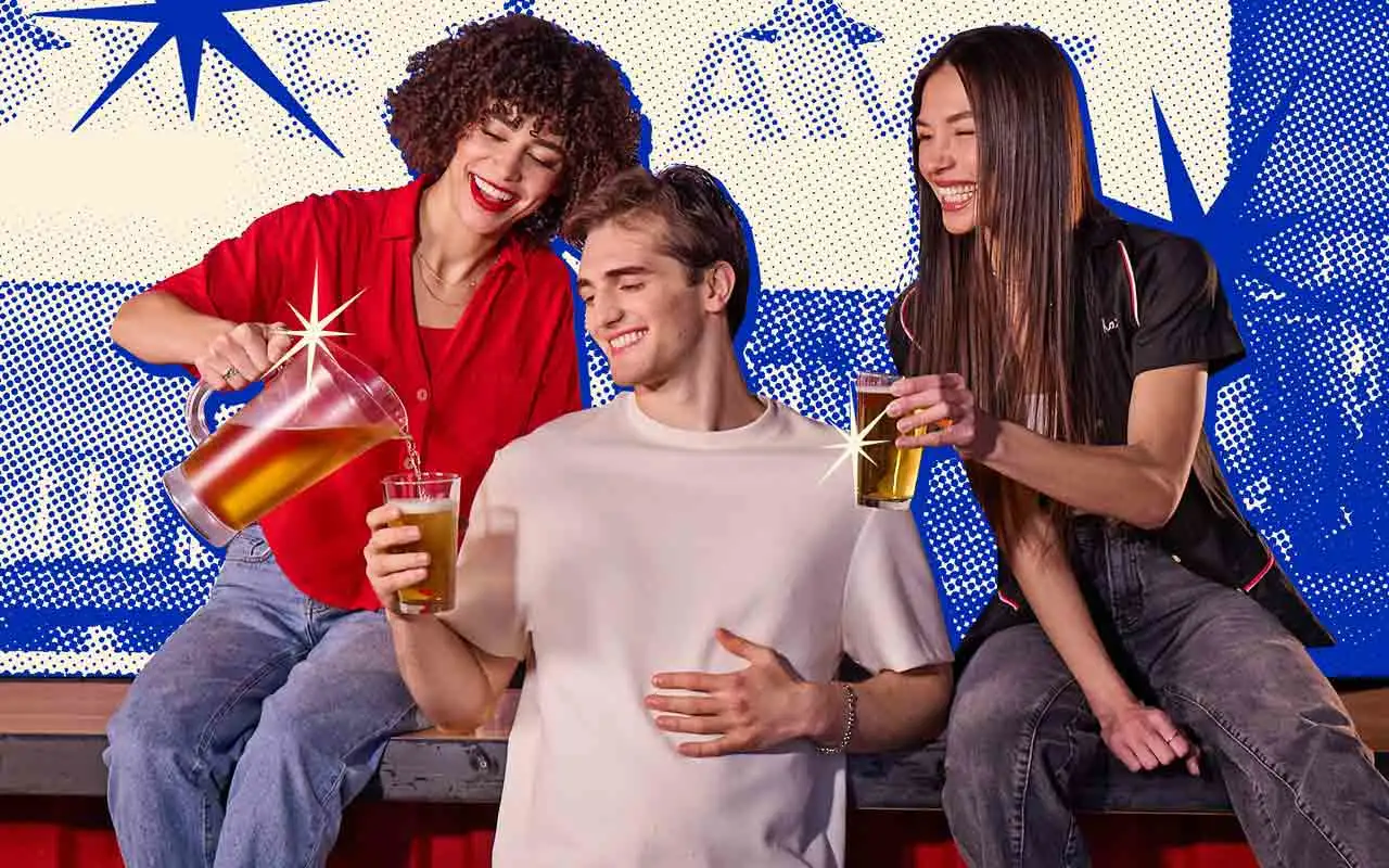 Three friends laughing and sharing a pitcher of beer against a blue halftone background with retro starburst graphics