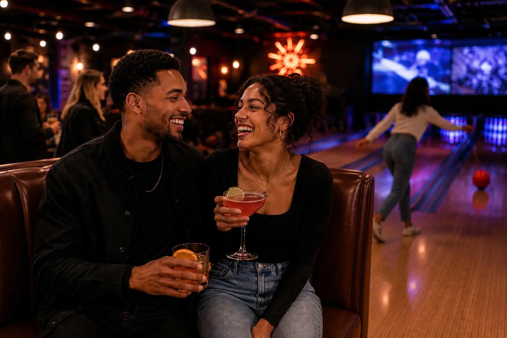Couple enjoying cocktails and conversation in a booth beside the bowling lanes while guests bowl in the background.