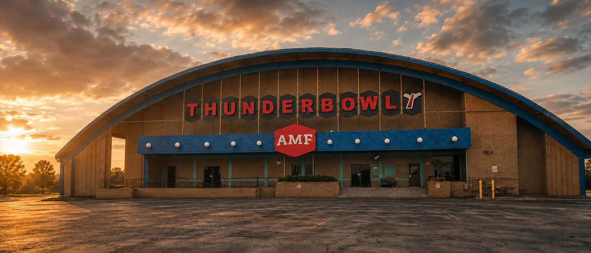 AMF Thunderbowl Lanes exterior with signage, arched roof, and empty parking lot at golden hour.