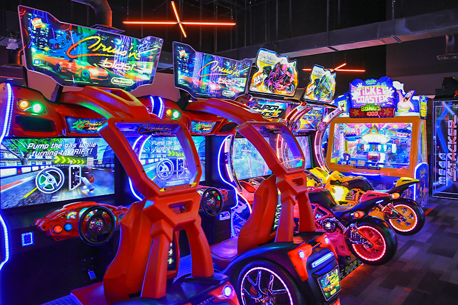 Large, colorful arcade with lots of big games