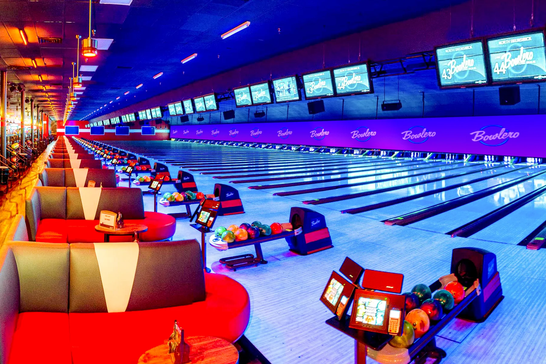 Beautiful bowling center with lots of black light lanes