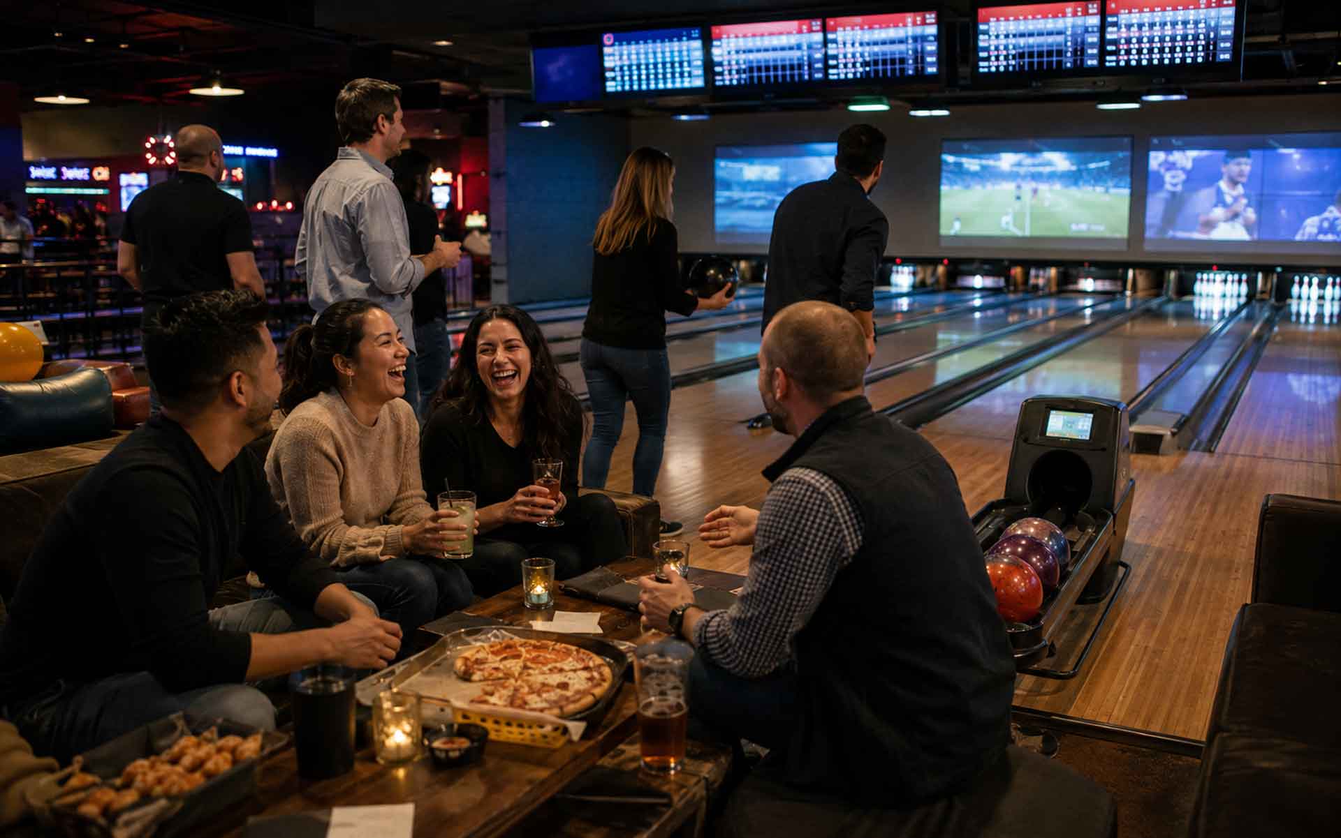 Coworkers enjoying a corporate team building event at a modern bowling venue with realistic bowling lanes, authentic ball returns, food and drinks, and groups socializing under vibrant arcade-style lighting.