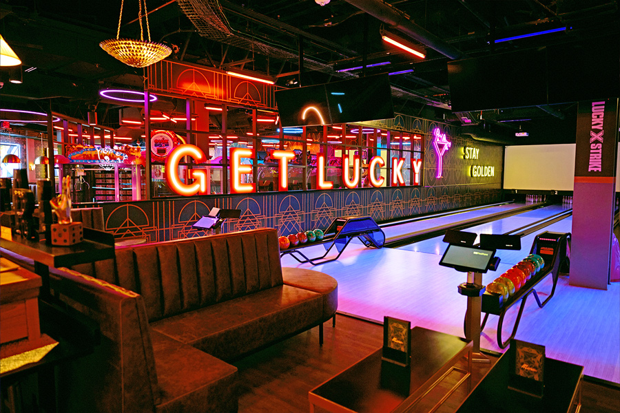 Beautiful bowling center with large comfy seats and lots of lights