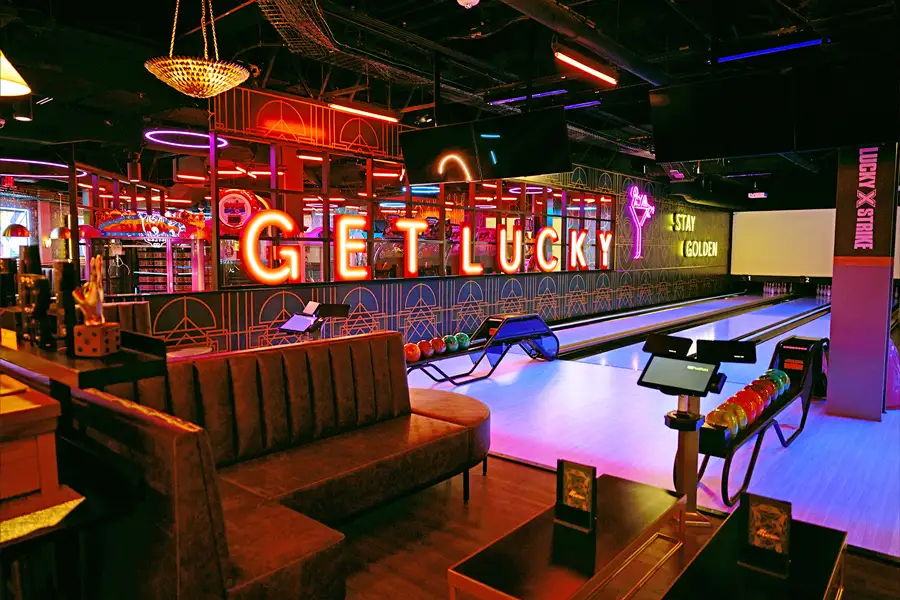 Beautiful bowling center with large comfy seats and lots of lights