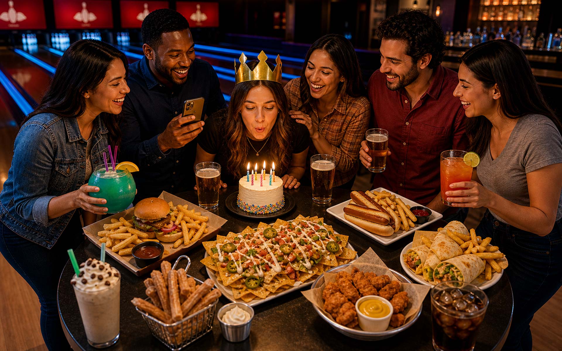 Friends gather around a birthday cake at a bowling alley table filled with nachos, sliders, wraps, fries, drinks, and desserts under warm lighting
