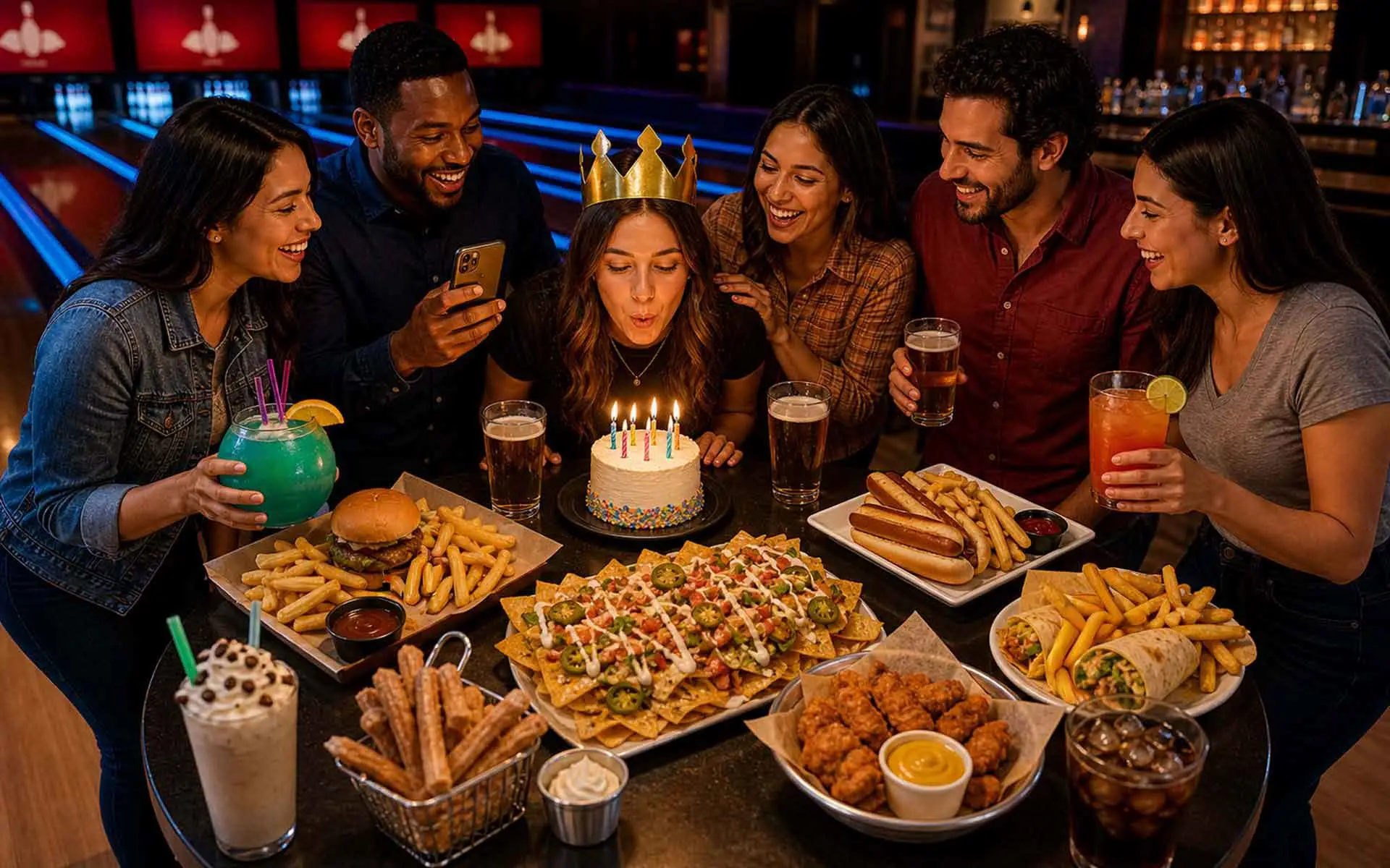 Friends gather around a birthday cake at a bowling alley table filled with nachos, sliders, wraps, fries, drinks, and desserts under warm lighting