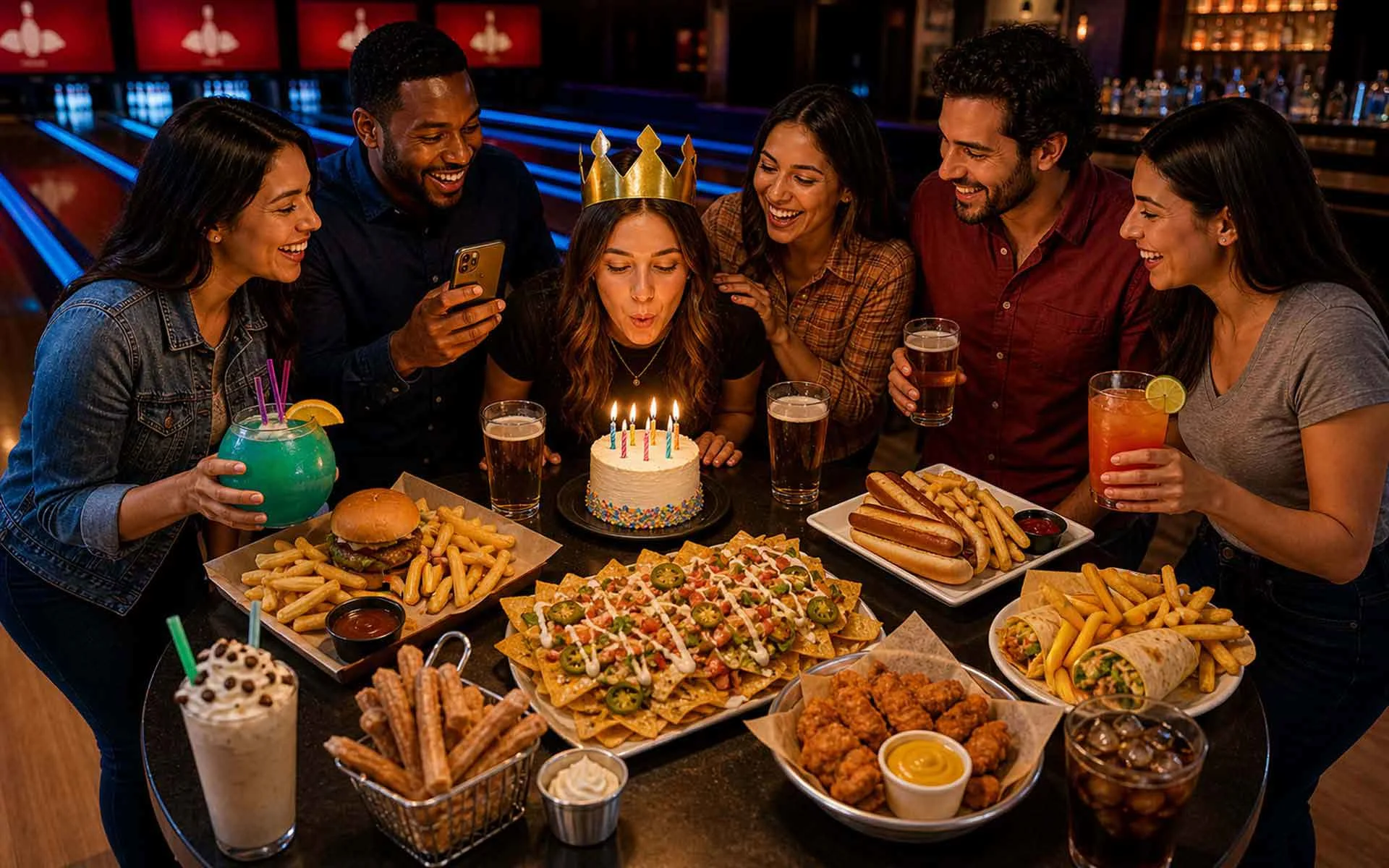 Friends gather around a birthday cake at a bowling alley table filled with nachos, sliders, wraps, fries, drinks, and desserts under warm lighting