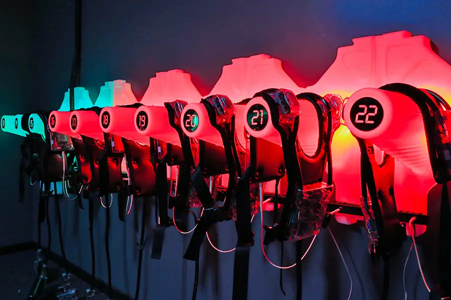 Several laser tag stations in a row