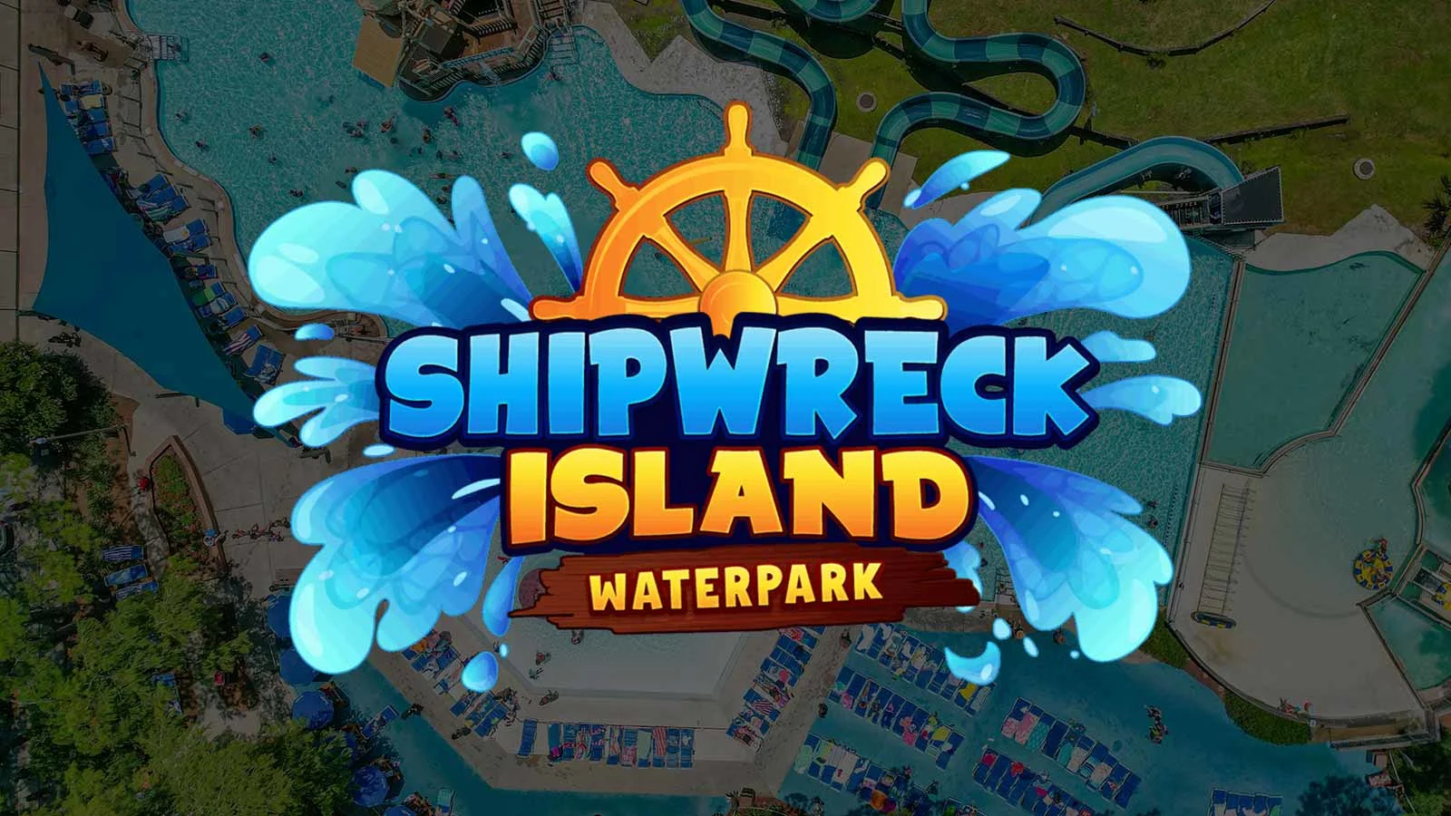 Overhead view of Shipwreck Island Waterpark with winding water slides, large pools, and sun loungers, featuring the Shipwreck Island Waterpark logo in the center.