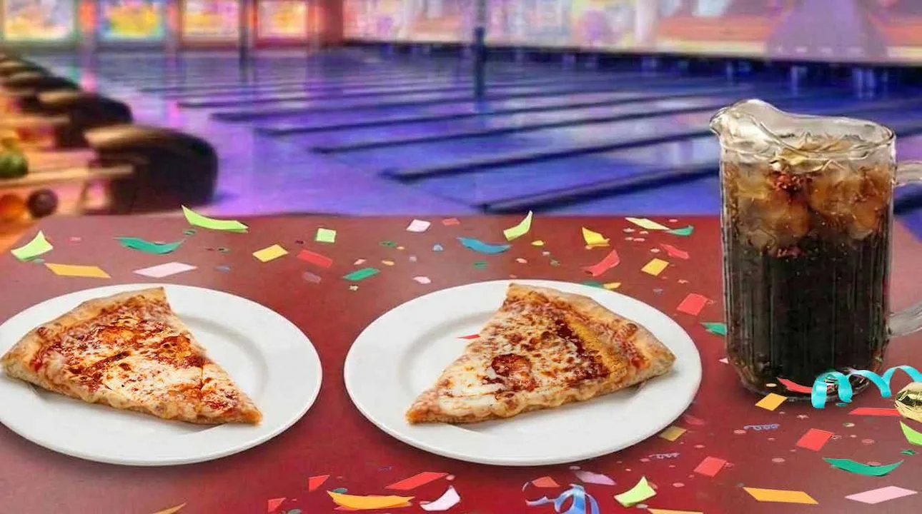 A kids-party-ready table filled with cheese pizza slices and ice-cold soda.