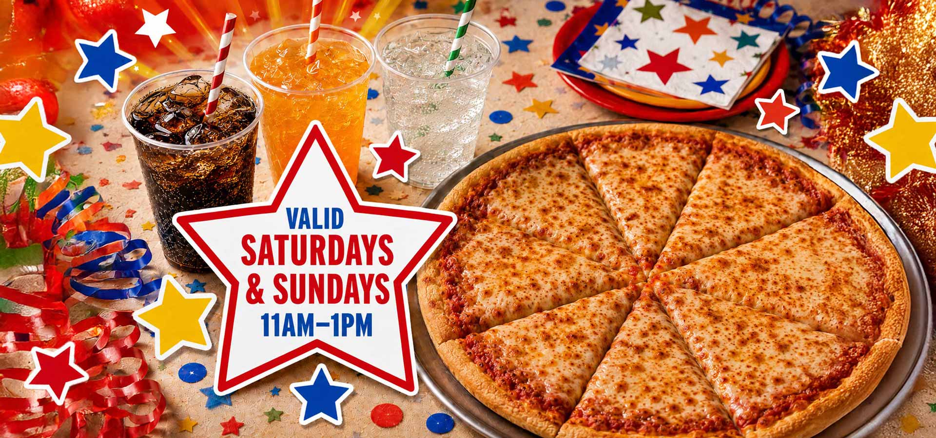 Cheese pizza and colorful sodas with star party décor and a weekend promo graphic for kids party package booking.