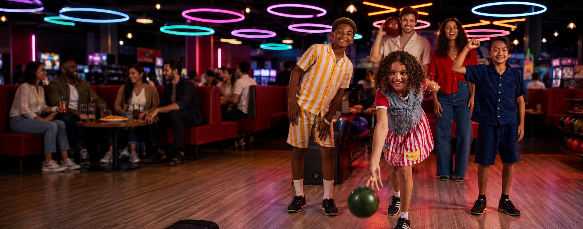Families and friends bowling together at a vibrant Bowlero center with neon lighting, arcade games, and lounge seating.