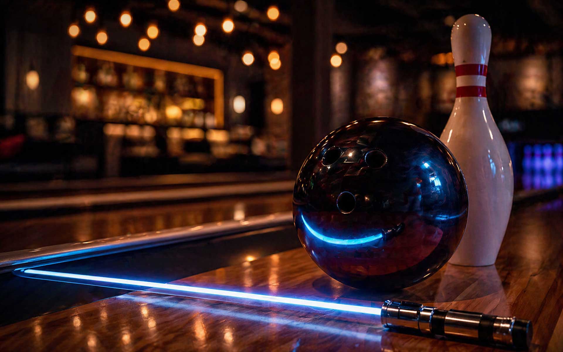 Cinematic bowling alley scene with glossy black ball, standing pin, and blue lightsaber-style glow on polished lane.