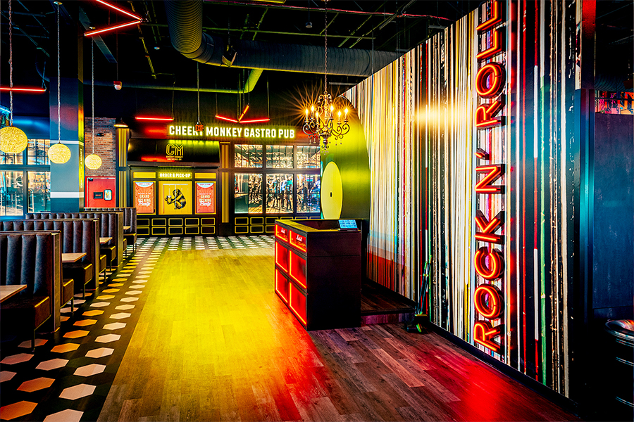 Beautiful bowling center with lots of decoration and lounge seating