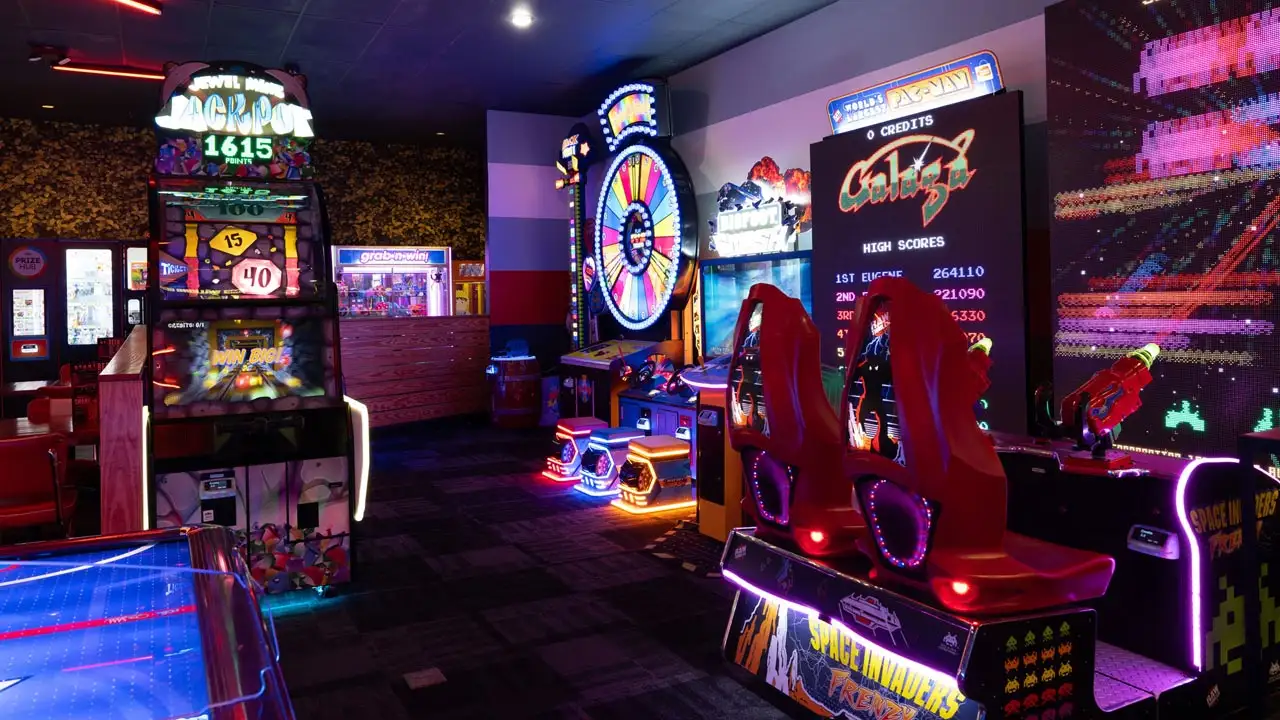 Large and colorful arcade games in a beautiful arcade room