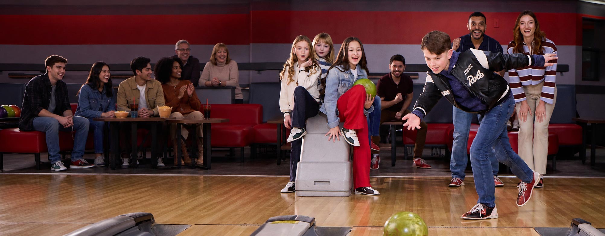 Family cheering as smiling boy bowls at an AMF center with warm lane lighting and excited guests in the seating area.