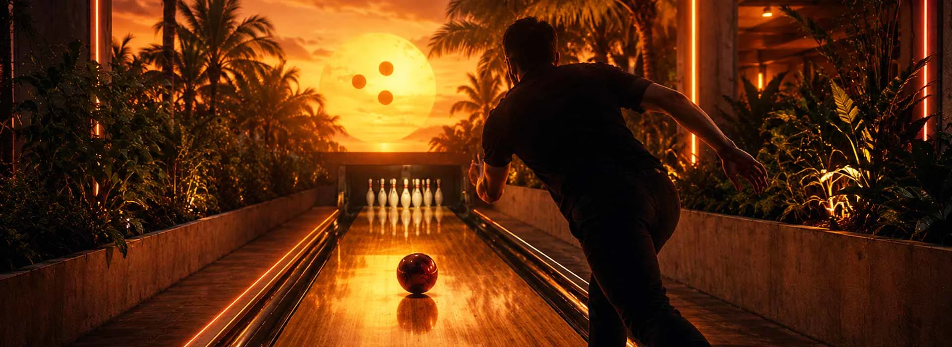 Bowler releases a ball down a glowing lane toward pins at sunset, with tropical palms and warm summer resort lighting.