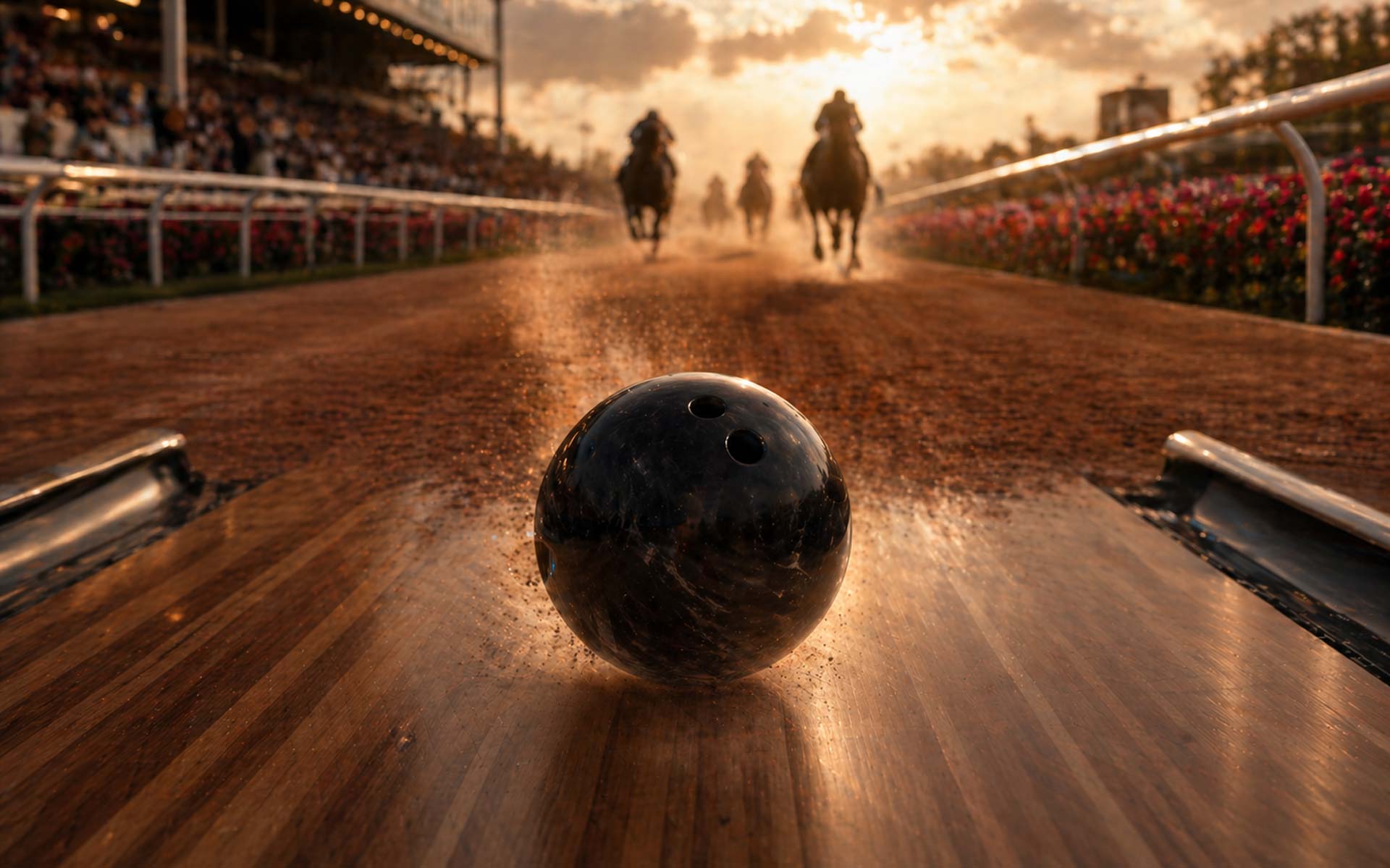 Cinematic low-angle shot of a glossy black bowling ball crossing the foul line as the wooden lane transforms into a sunlit dirt racetrack.