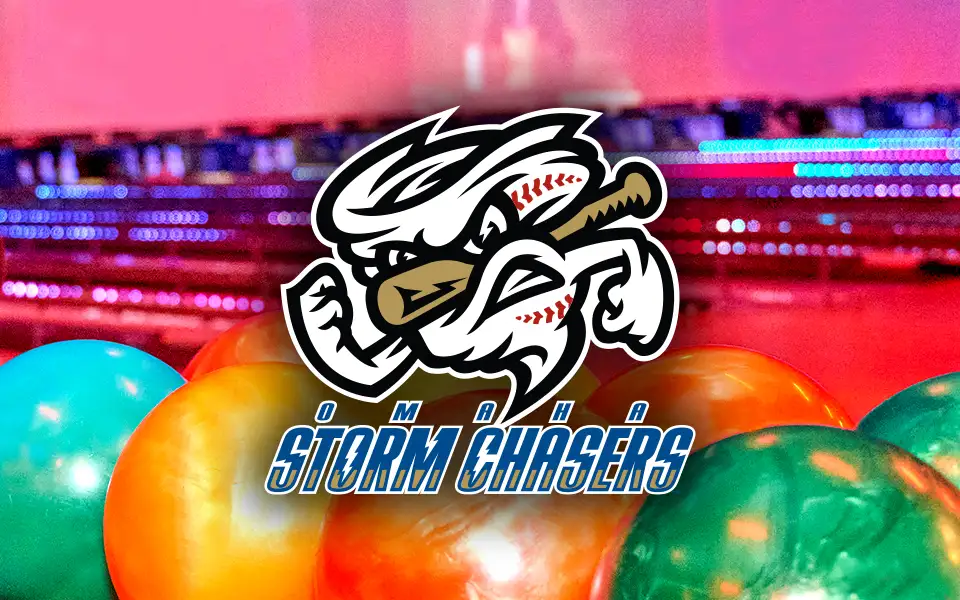 Omaha Storm Chasers logo with bowling lanes in the background.