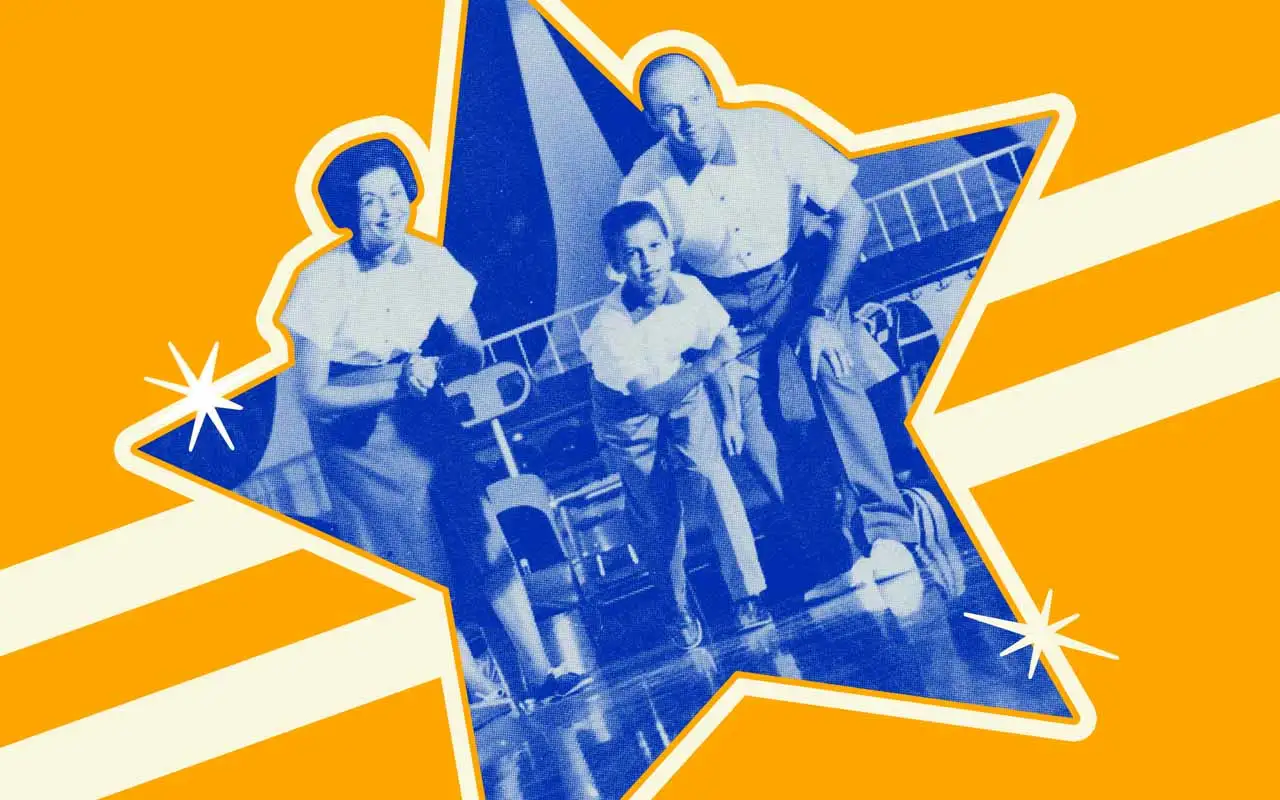 Vintage family bowling illustration celebrating AMF Bowling heritage with parents and child enjoying a classic bowling game, representing family entertainment, leagues, and bowling traditions.