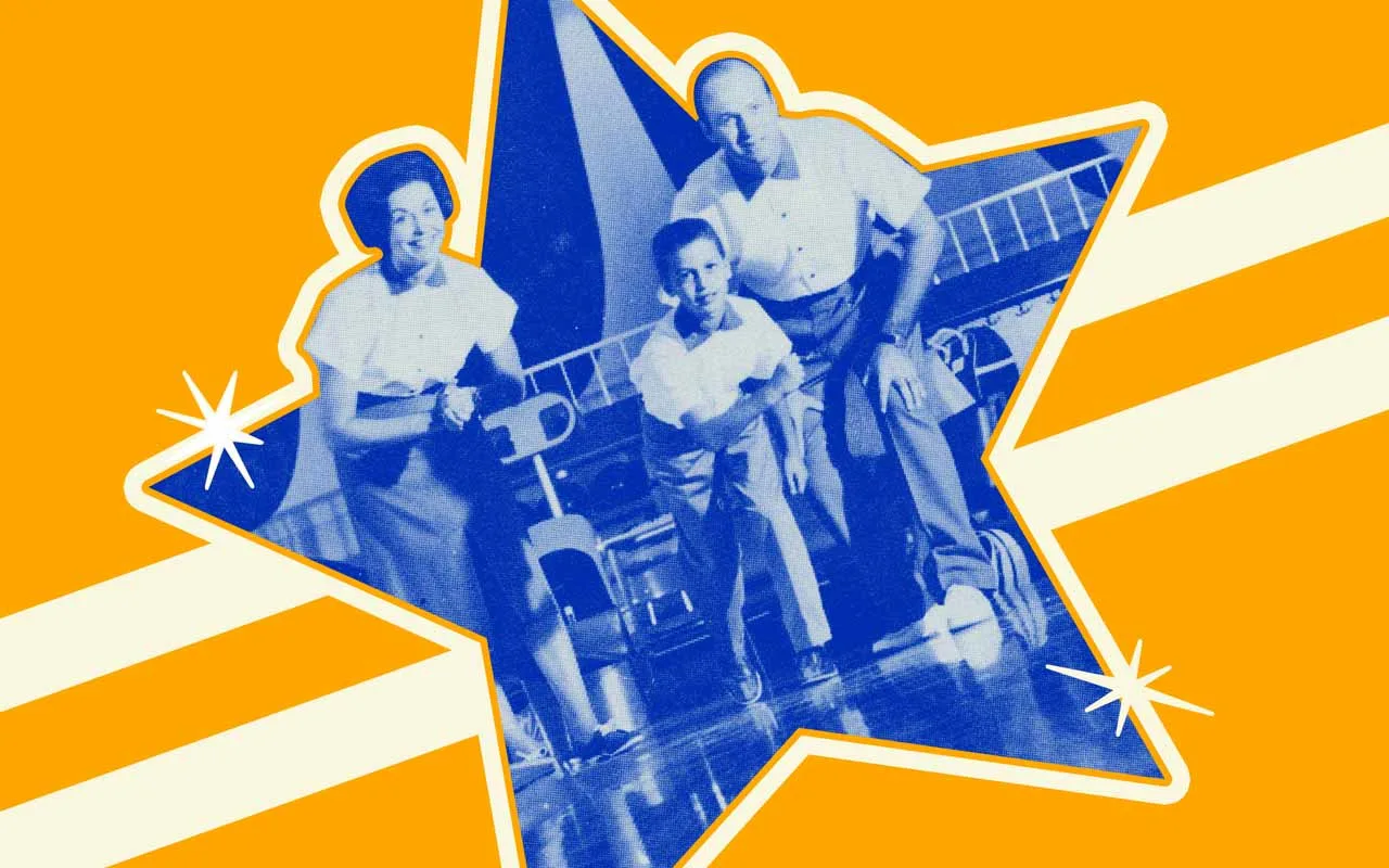 Vintage family bowling illustration celebrating AMF Bowling heritage with parents and child enjoying a classic bowling game, representing family entertainment, leagues, and bowling traditions.