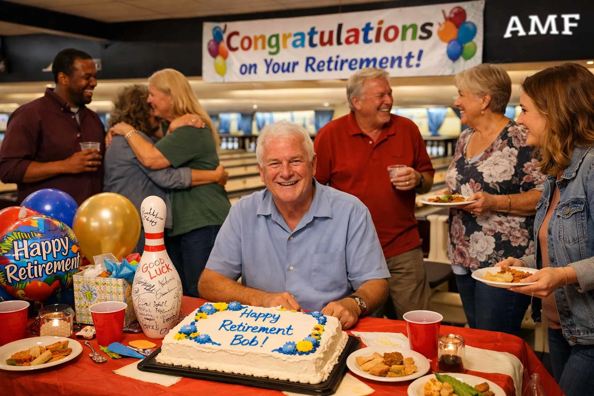 Retirement party at an AMF bowling center with an older man, cake, balloons, and a signed bowling pin as friends gather around in a warm, candid celebration.