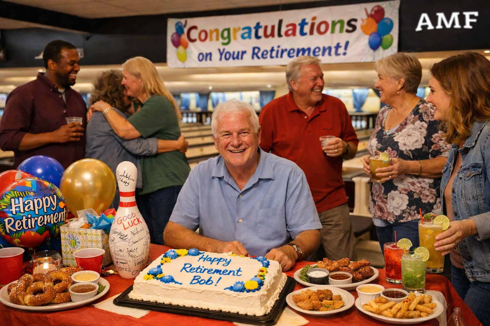 Retirement party at an AMF bowling center with an older man, cake, balloons, and a signed bowling pin as friends gather around in a warm, candid celebration.
