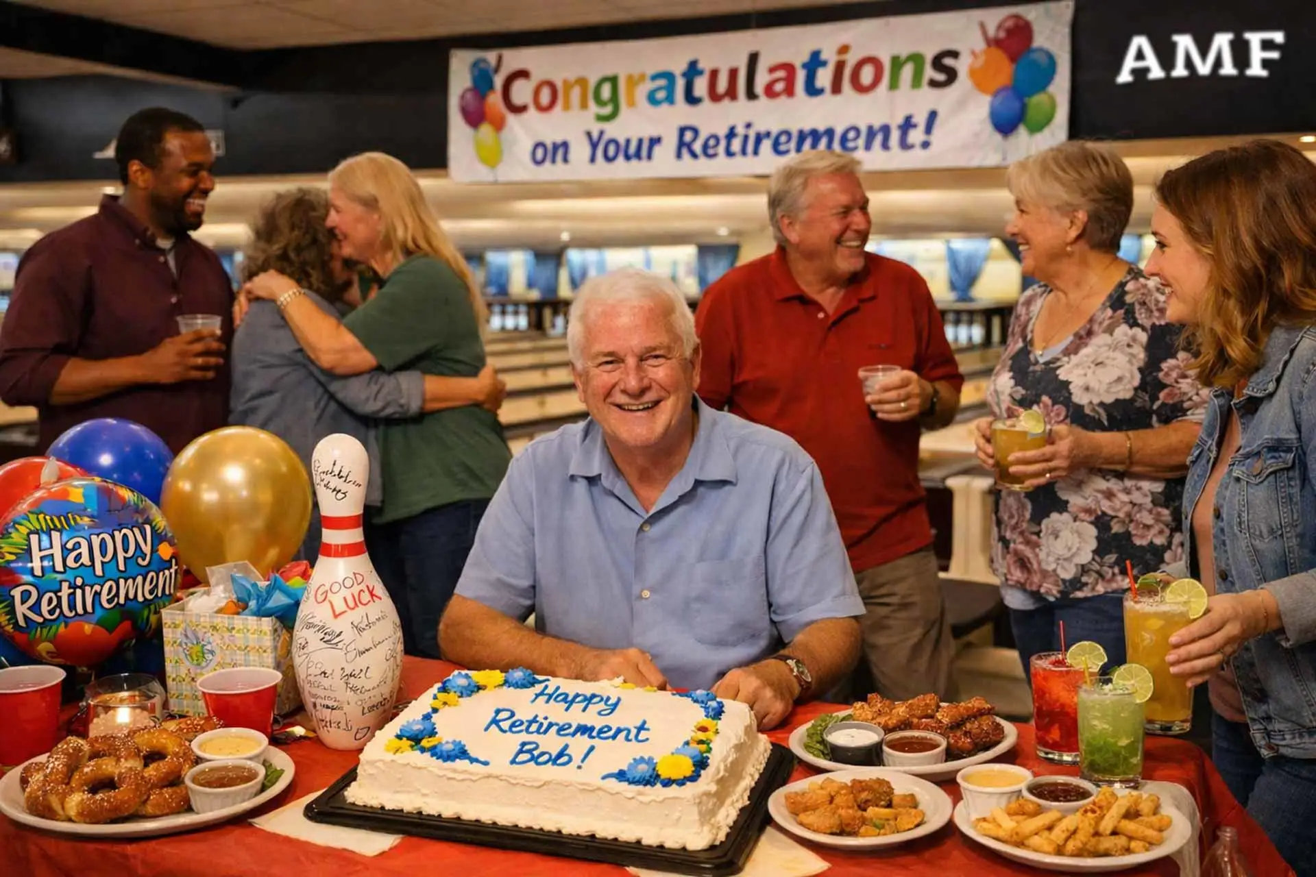 Retirement party at an AMF bowling center with an older man, cake, balloons, and a signed bowling pin as friends gather around in a warm, candid celebration.