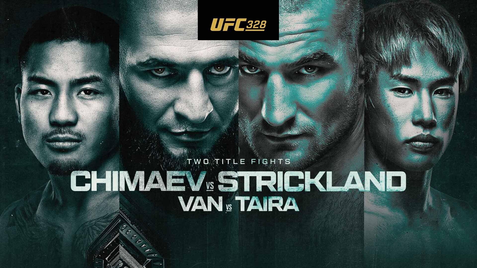 The promo image of UFC 329 that shows Chimaev, Strickland, Van, and Taira