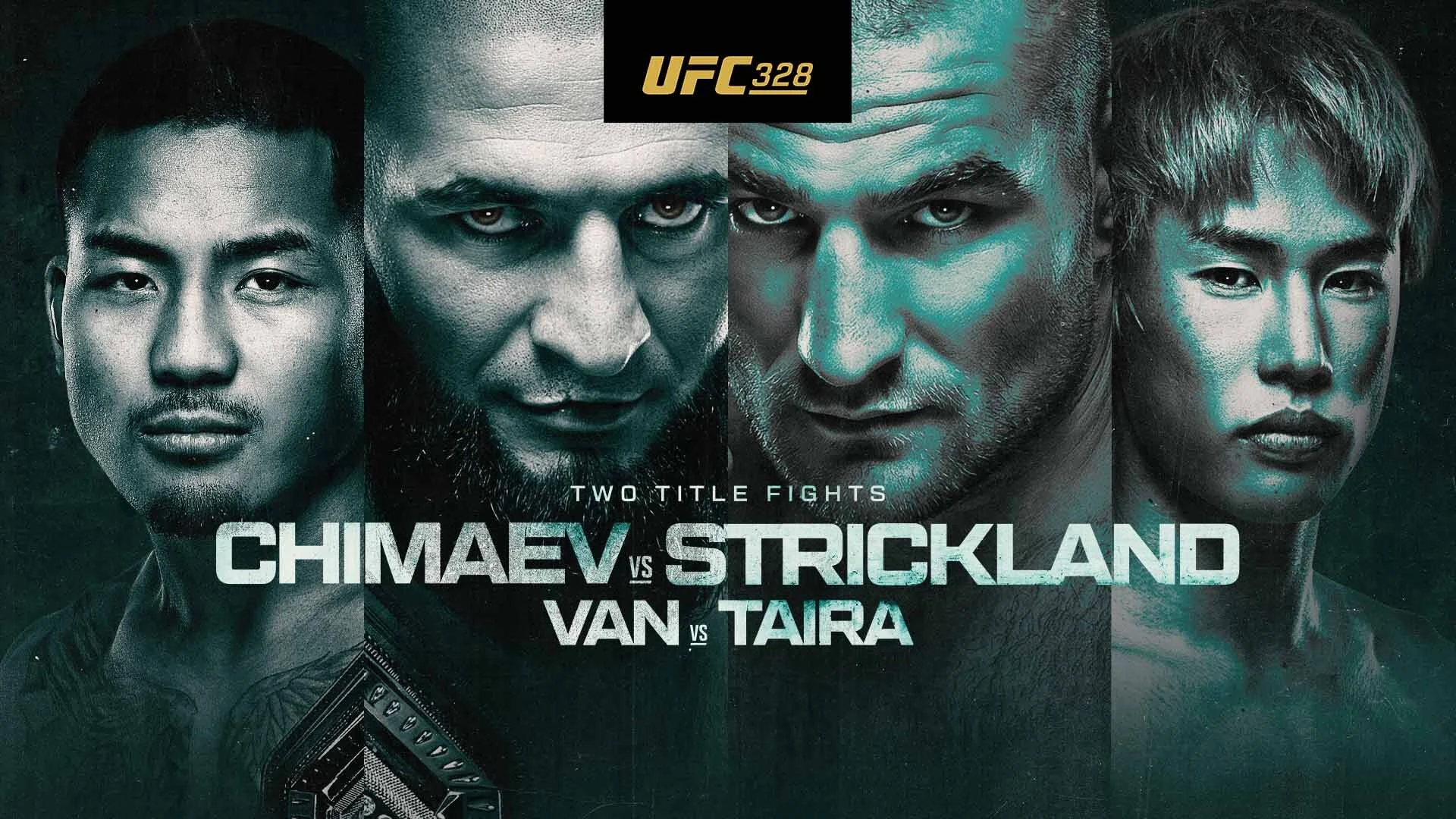 The promo image of UFC 329 that shows Chimaev, Strickland, Van, and Taira