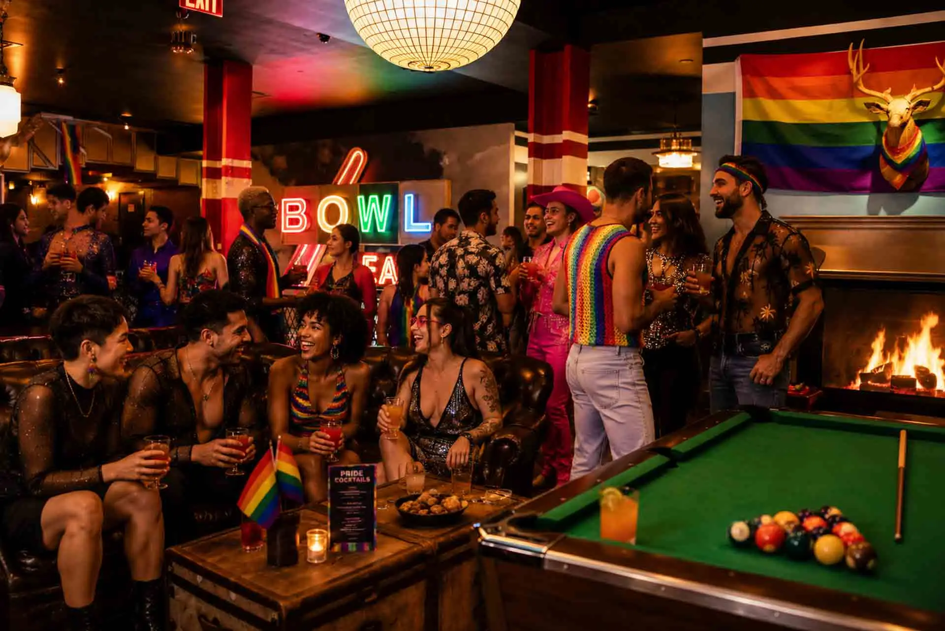 NYC Pride celebration at Lucky Strike New York featuring friends enjoying cocktails, nightlife, billiards, bowling entertainment, and LGBTQ+ Pride festivities in a vibrant social venue near Times Square.