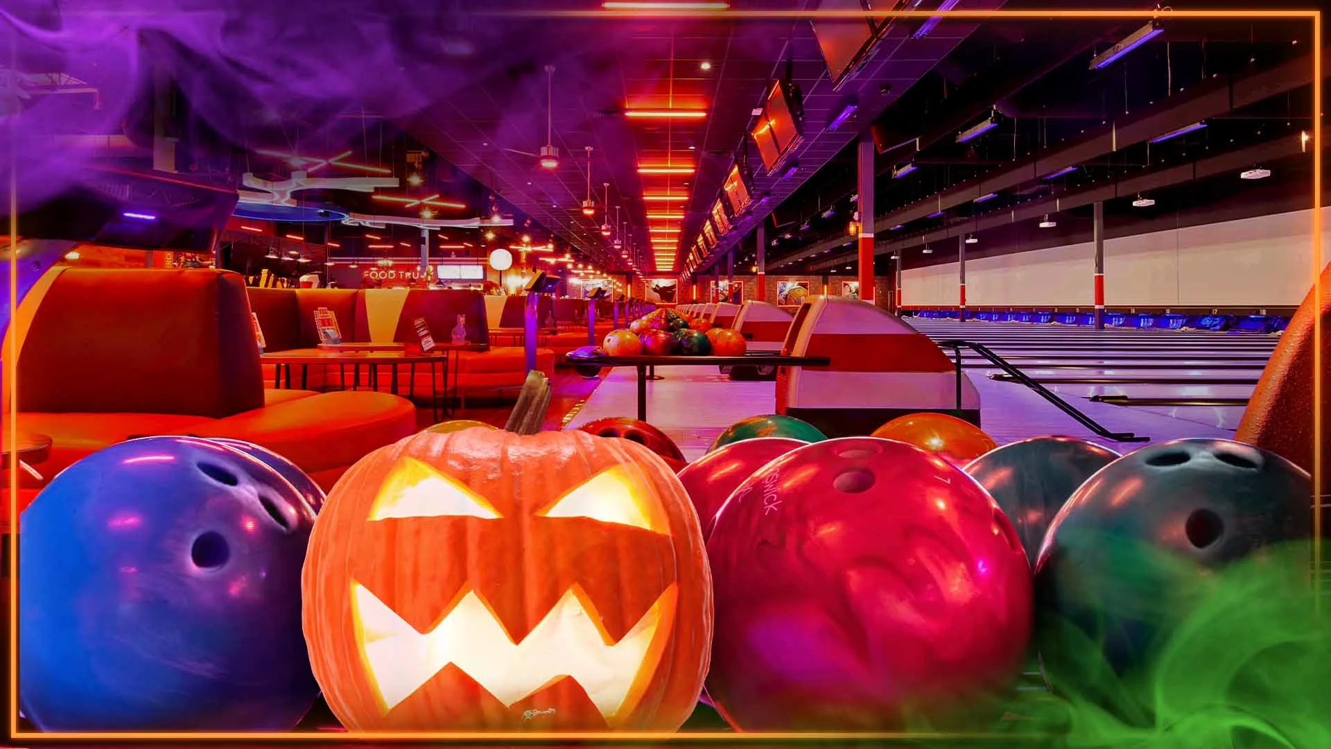 Halloween jack-o-lantern with bowling balls and bowling lanes in the background.