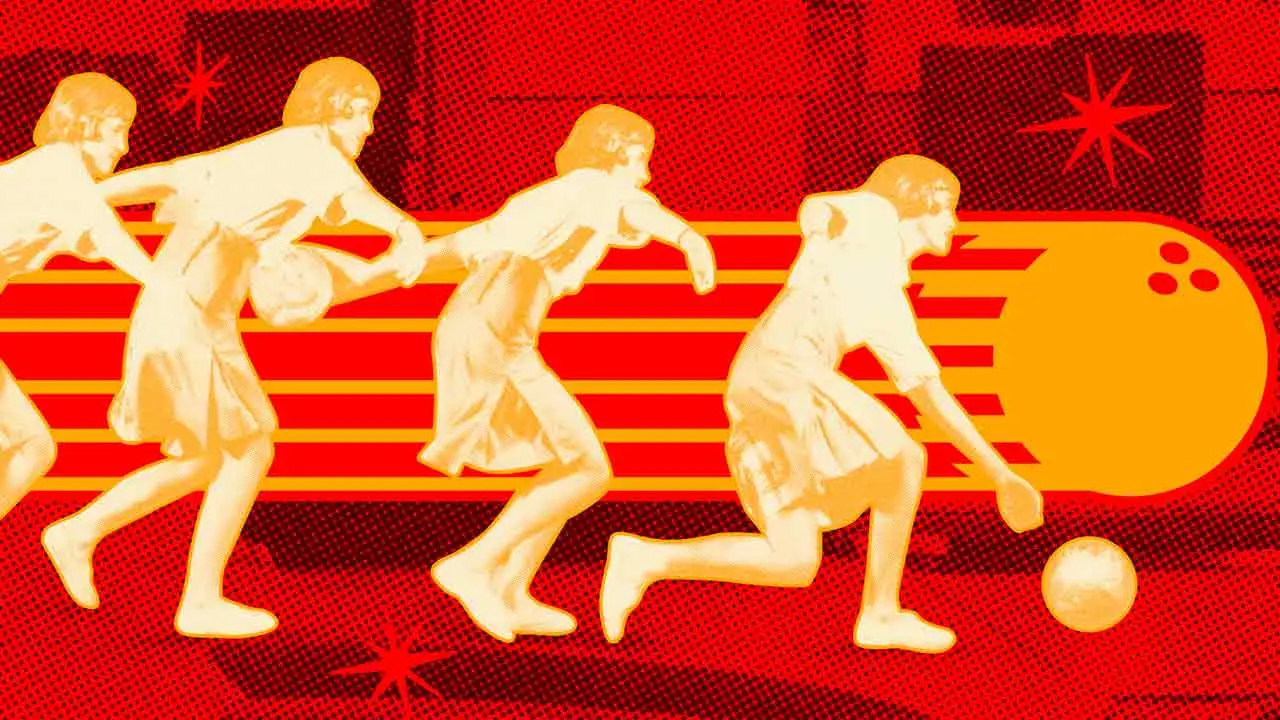 Retro-inspired illustration of a bowler's approach and release sequence with a bowling ball, celebrating the sport of bowling using bold vintage graphics and classic AMF branding.