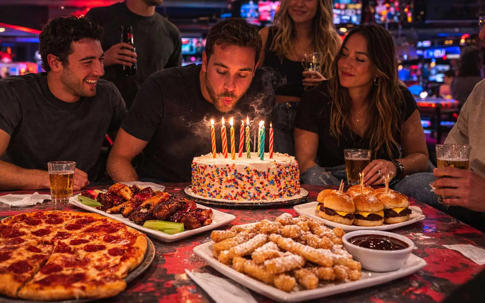Friends celebrating a birthday at an AMF bowling center as a man blows out candles on a sprinkle-covered cake while pizza, sliders, wings, and funnel cake fries sit on the table in front of them.