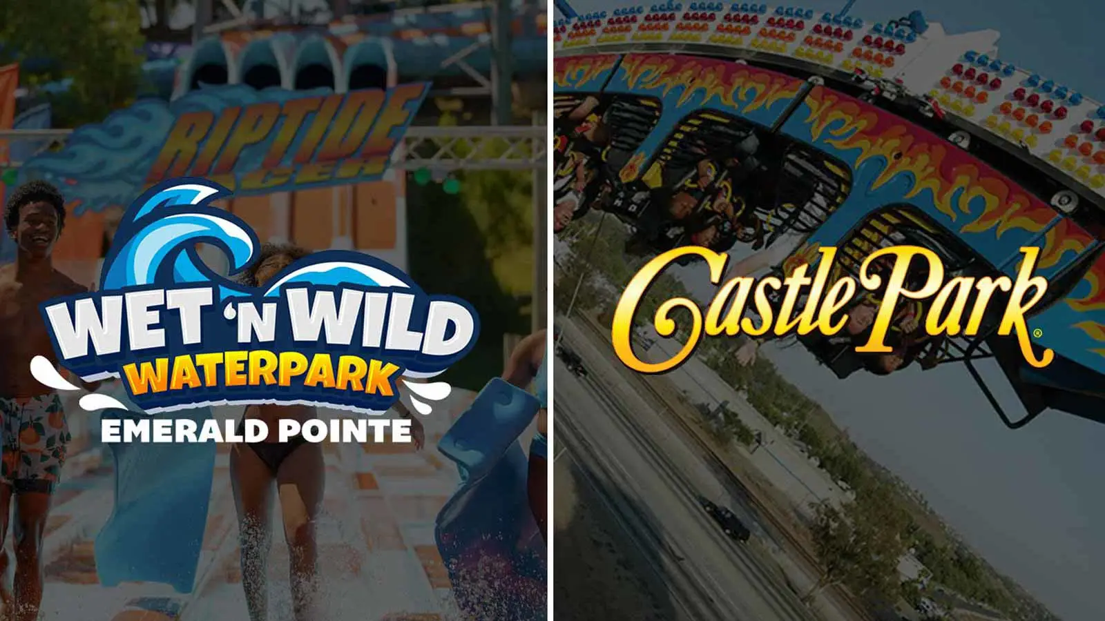 Wet n’ Wild Emerald Pointe waterpark logo alongside Castle Park logo over images of water slides and amusement rides.